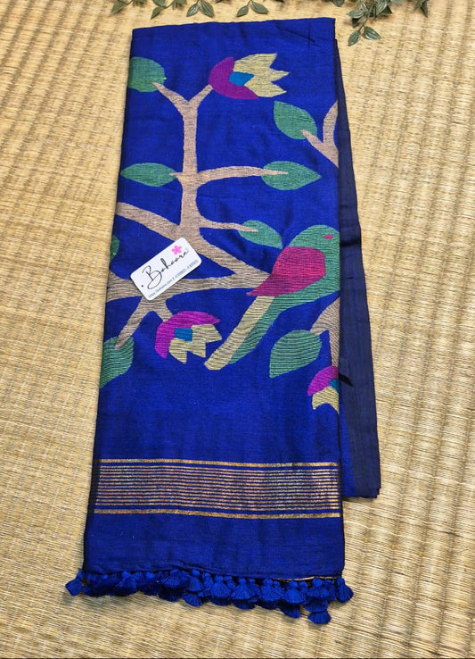 Cotton Galleria | Royal Blue Cotton Acrylic Saree with Paithani Motif