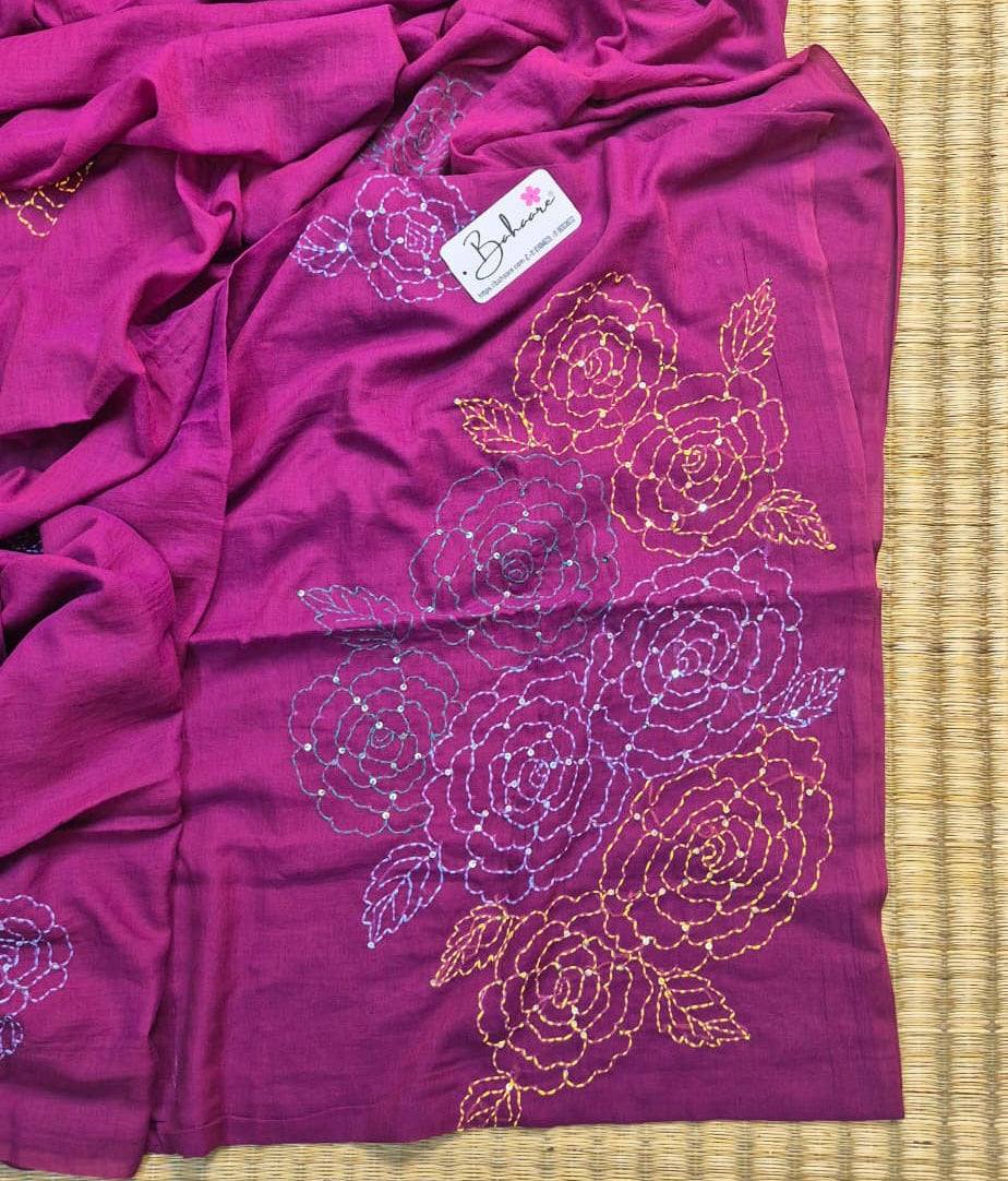 Mohini | Dark Magenta Mul Mul Cotton Saree with Kantha Hand Embroidery
