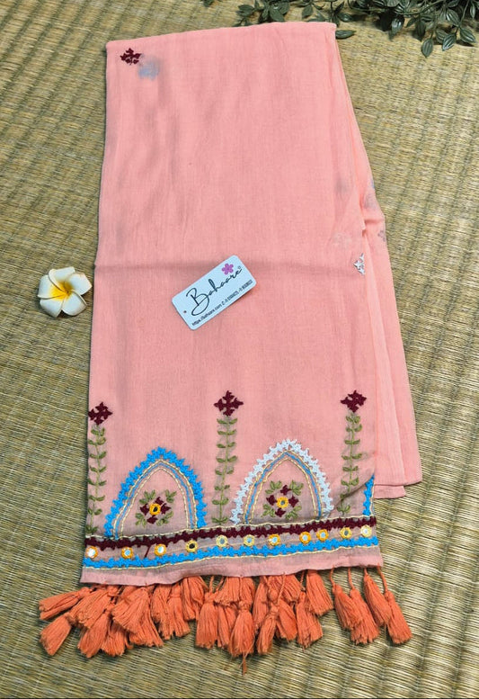 Mohini | Soft Peach Mul Mul Cotton Saree with Handcrafted Bullion Stich