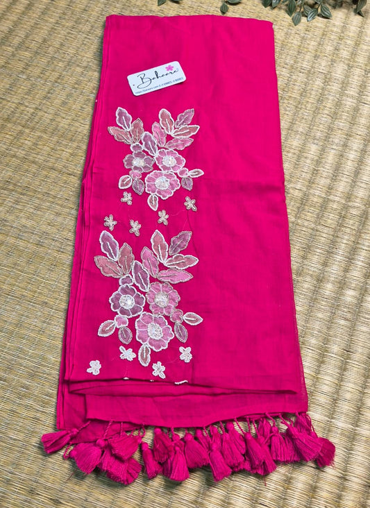 Mohini | Royal Rani Mul Mul Cotton Saree with Handcrafted Moti Work on Front Top Part