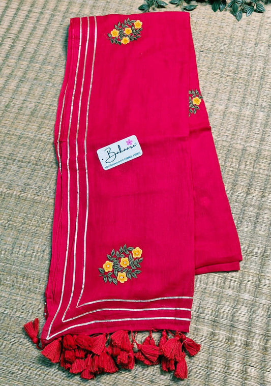 Mohini | Vermillion Red Mul Mul Cotton Saree with Gotapatti Hand Embroidery