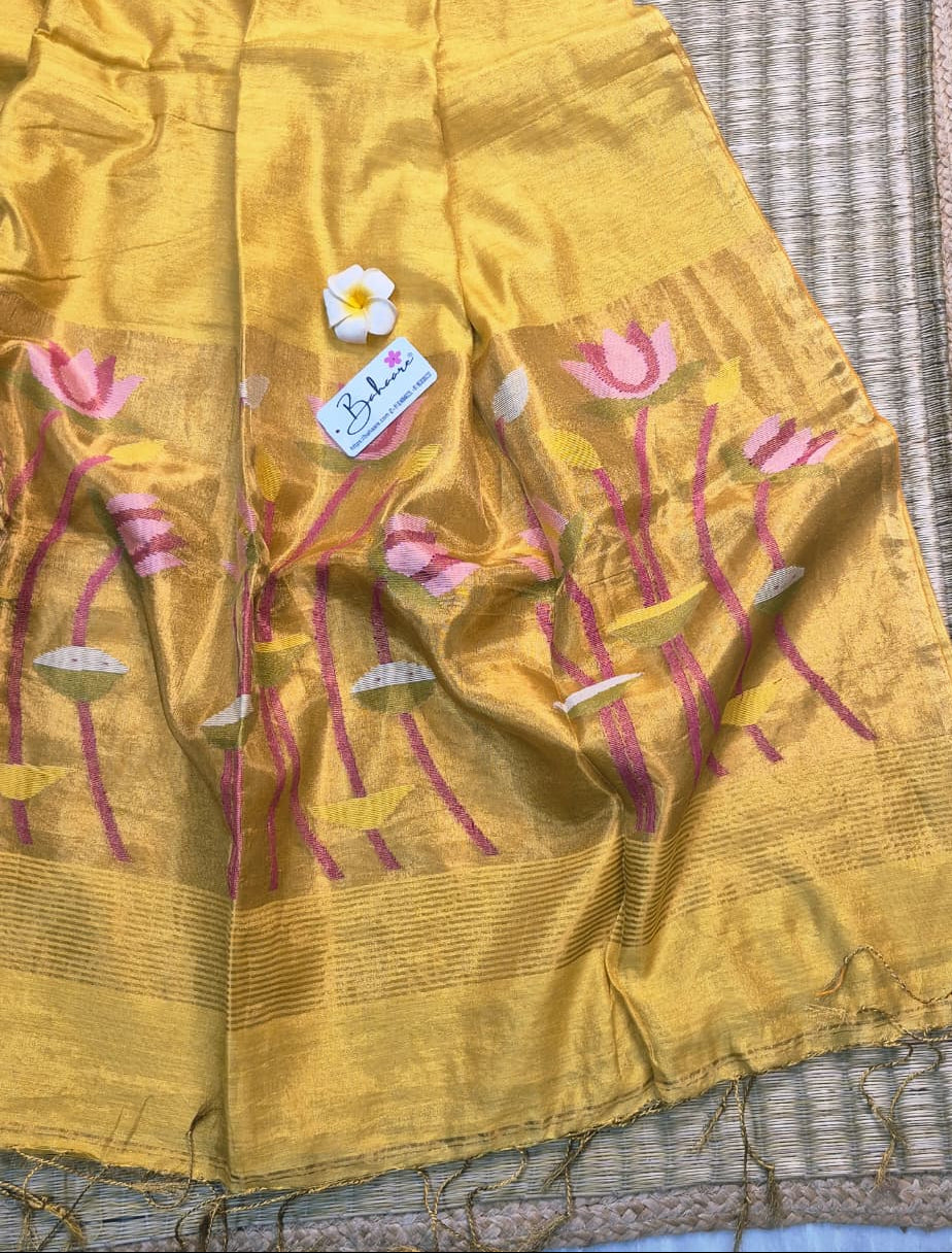 Springtime Serenity | Golden Yellow Tissue Linen Saree with Paithani Motif