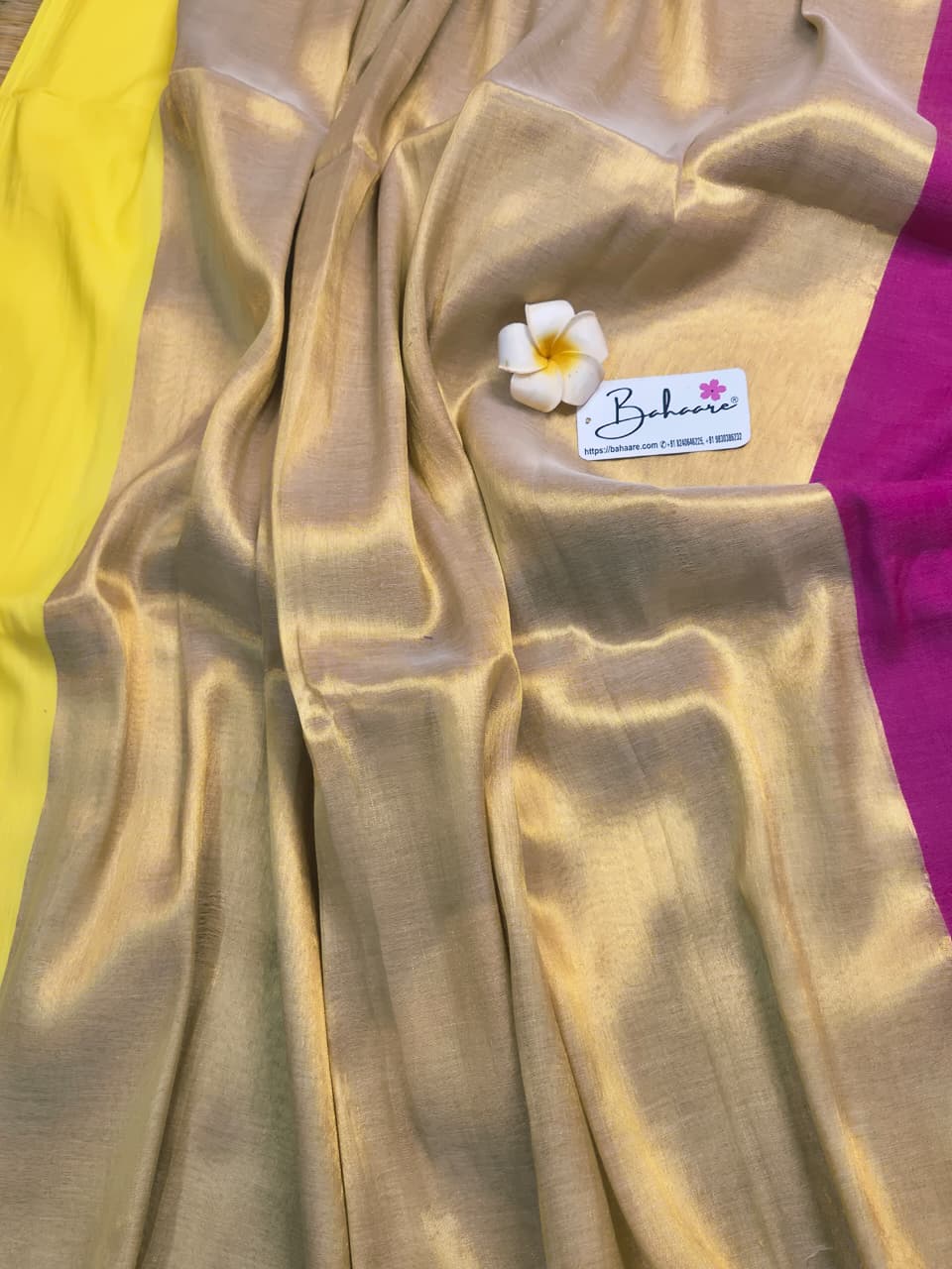 Megha | Ivory Gold Tissue Saree with Yellow and Rani Border