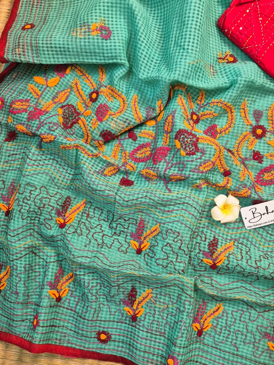 Cotton Galleria | Turquoise Blue Resham Kota Saree with Handcrafted Bullion Stich