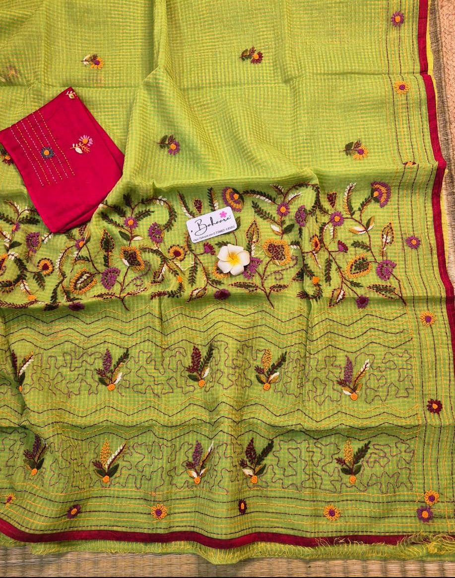 Cotton Galleria | Sage Green Resham Kota Saree with Handcrafted Bullion Stich