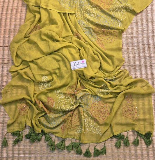 Mohini | Moss Green Mul Mul Cotton Saree with Kantha Hand Embroidery