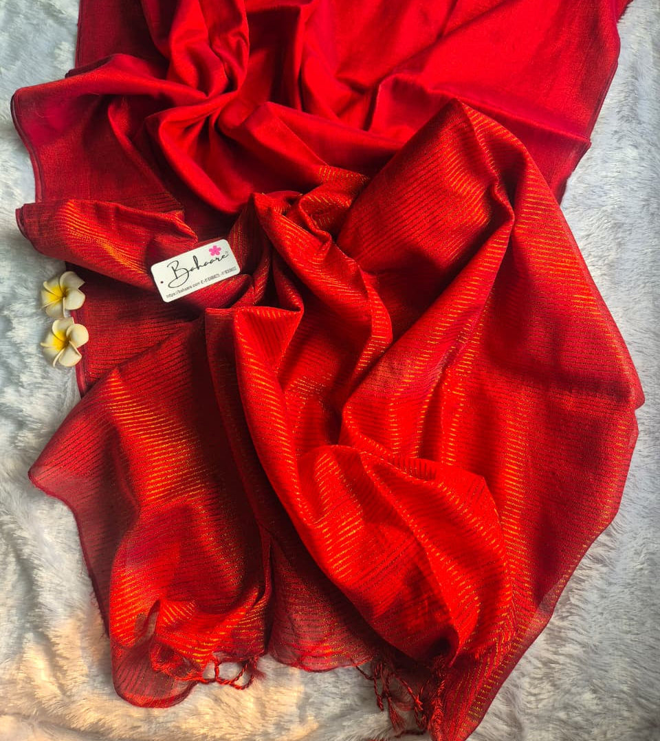 Suhani | Coral Red Tissue Saree with Zari Line Pallu