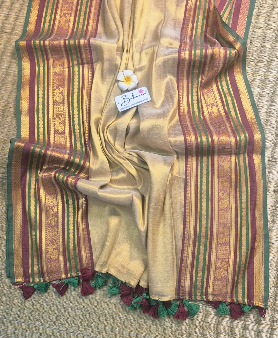 Megha | White Gold Tissue Saree with Kanchi Border