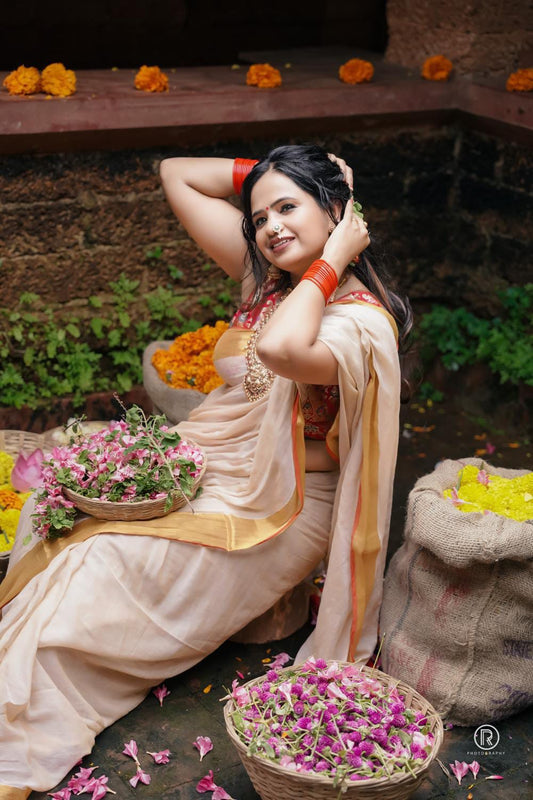 Mohini | Beige Mul Mul Cotton Saree with Golden Tissue Border