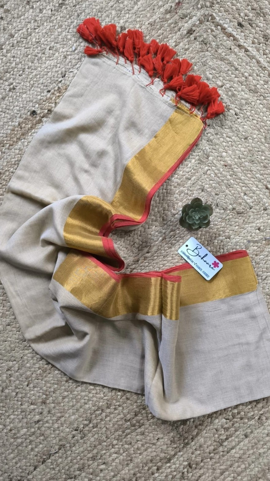 Mohini | Beige Mul Mul Cotton Saree with Golden Tissue Border