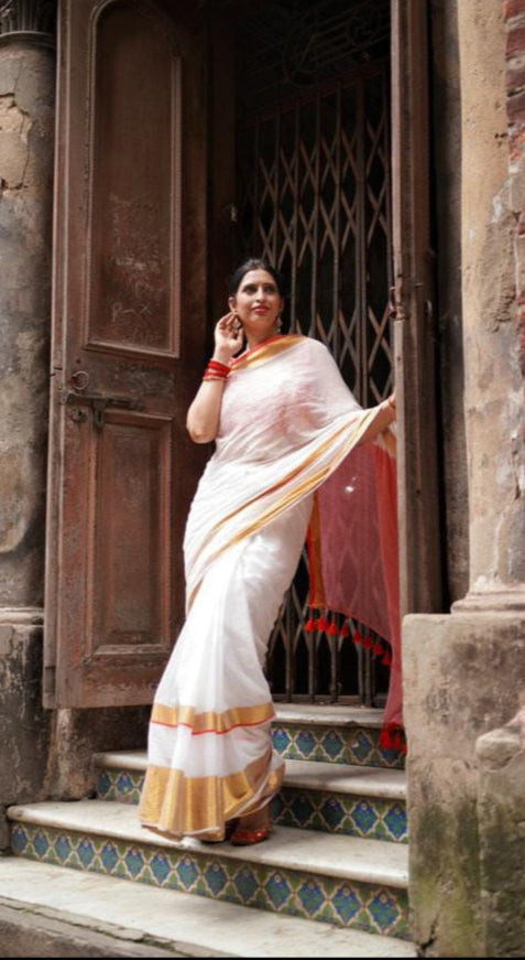 Mohini | White Red Mul Mul Cotton Saree with Golden Zari Border