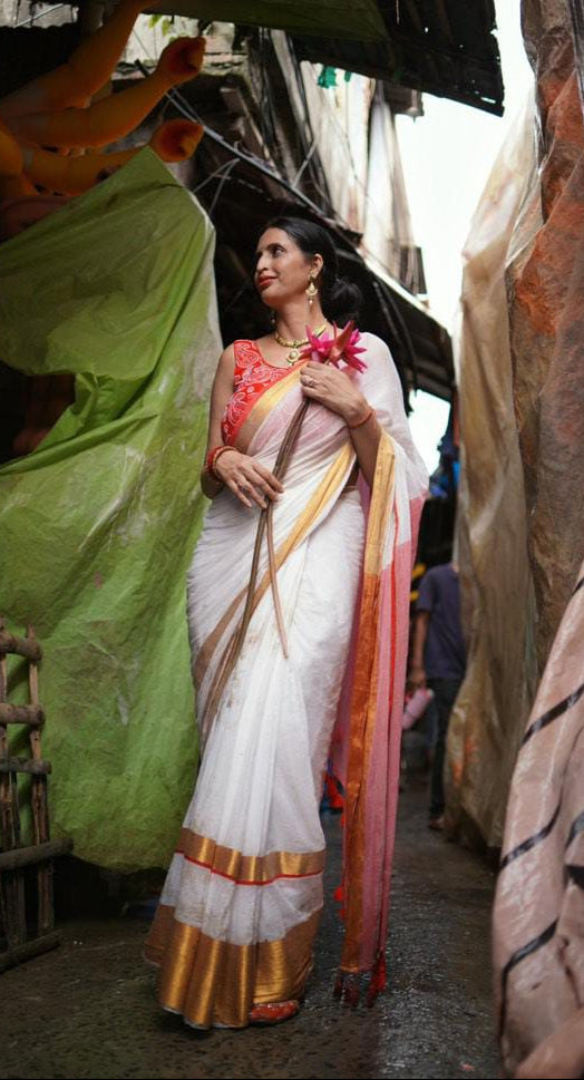 Mohini | White Red Mul Mul Cotton Saree with Golden Zari Border