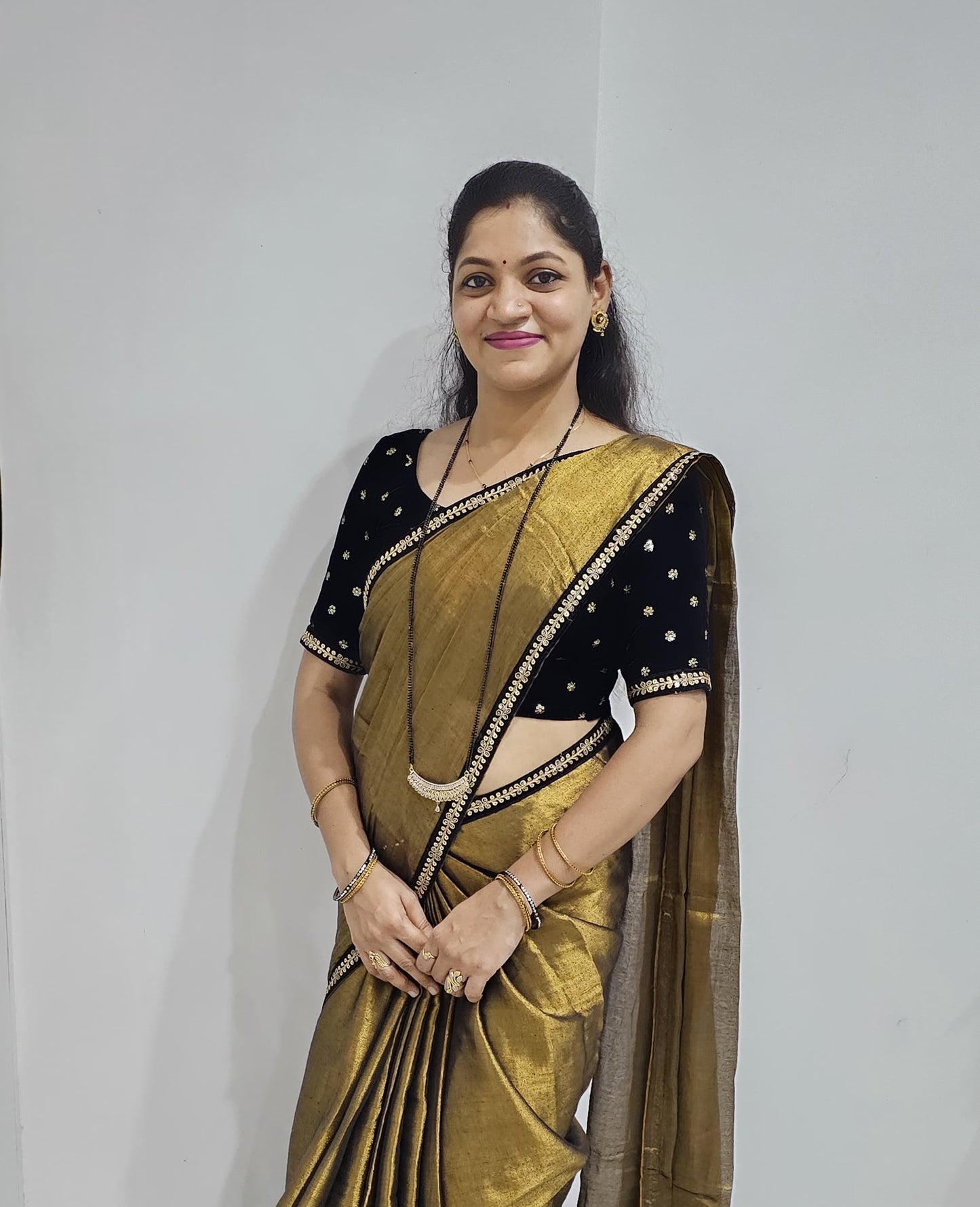 Chandni | Antique Gold Tissue Saree with Velvet Zari Lace