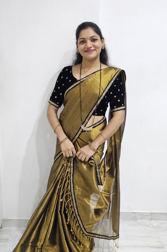 Chandni | Antique Gold Tissue Saree with Velvet Zari Lace
