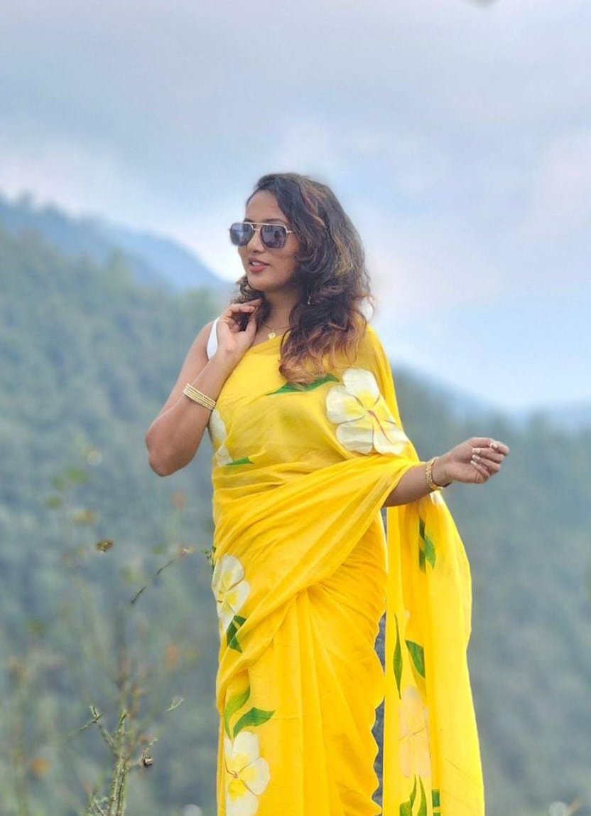 Exotic Hibiscus | Yellow Mul Mul Cotton Saree