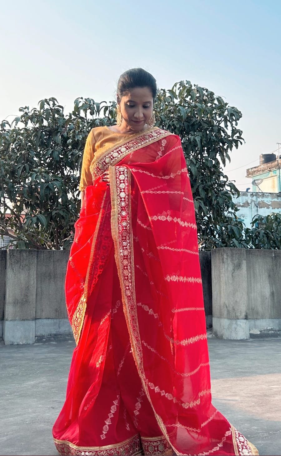 Utsav | Vermilion Red Tissue Organza Saree with Tissue Lace