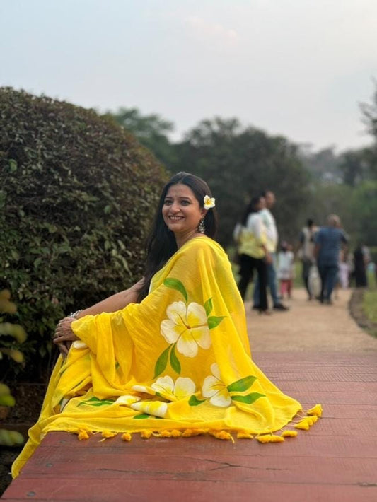 Exotic Hibiscus | Yellow Mul Mul Cotton Saree