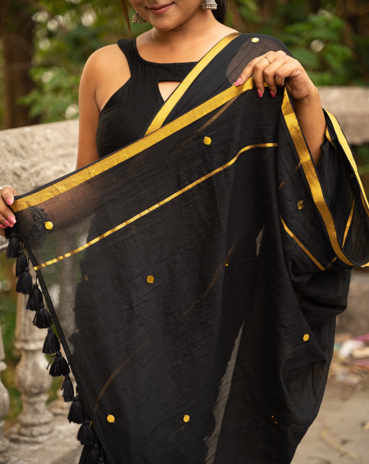 Shimmering Starlight | Dark Black Mul Mul Cotton Saree