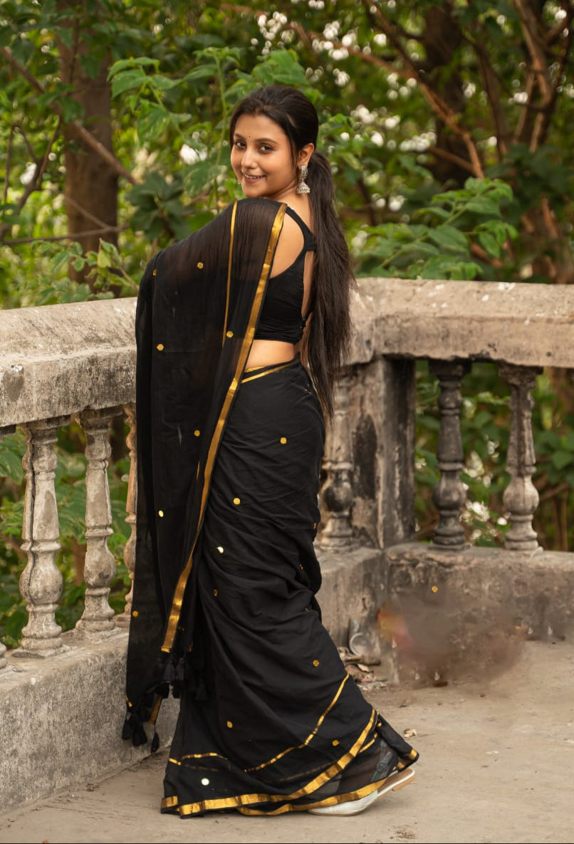 Shimmering Starlight | Dark Black Mul Mul Cotton Saree