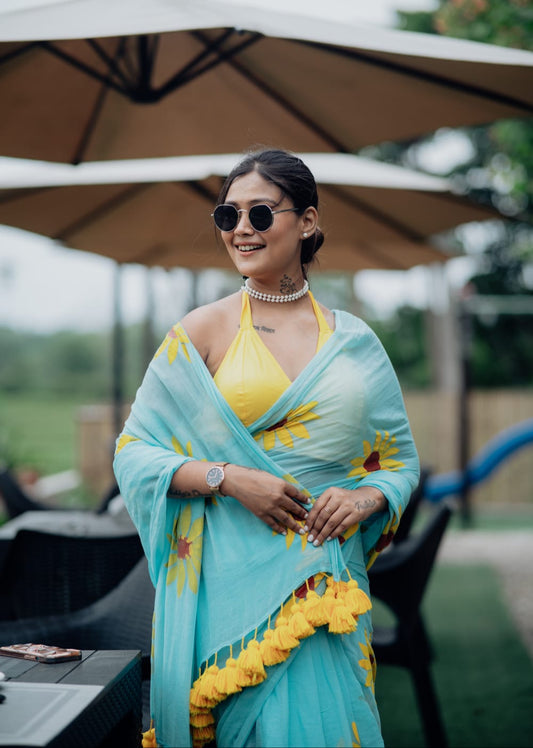 Exotic Sunflower | Turquoise Blue Mul Mul Cotton Saree