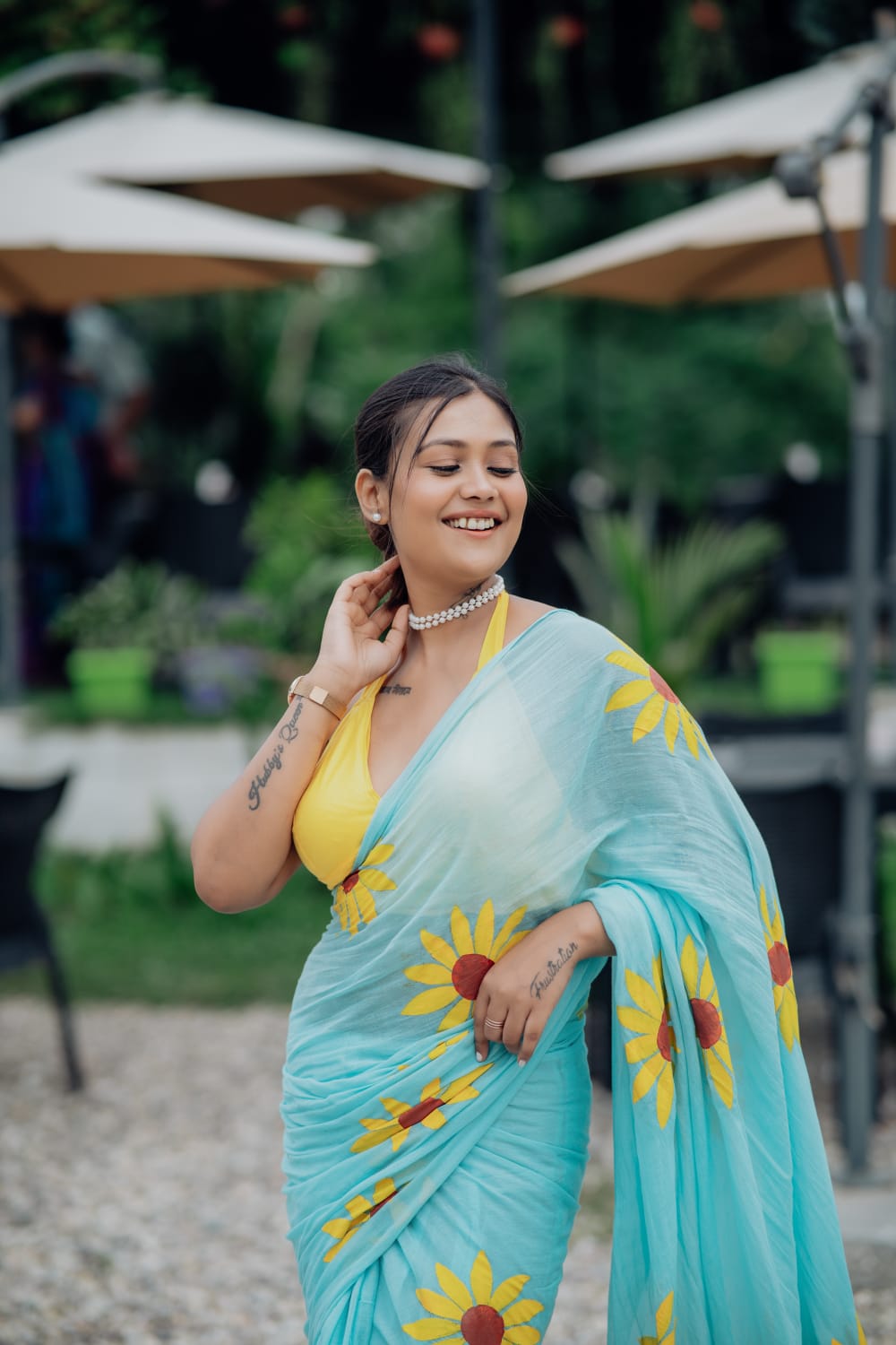 Exotic Sunflower | Turquoise Blue Mul Mul Cotton Saree