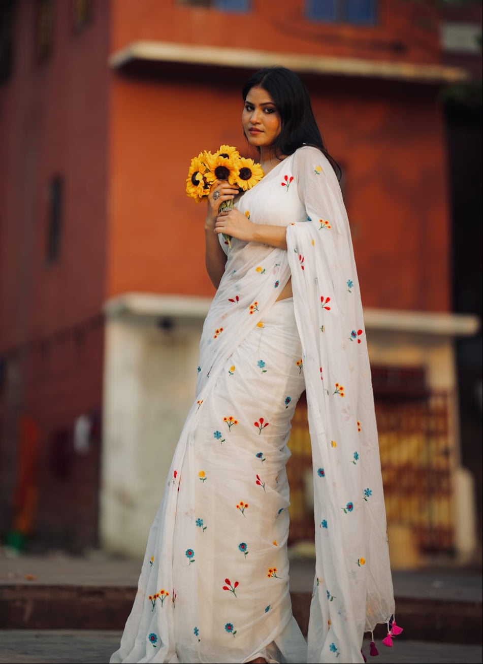 Mohini | Milky White Celebrity Mul Mul Cotton Saree with Flower Motif