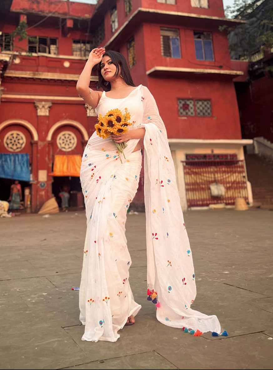 Mohini | Milky White Celebrity Mul Mul Cotton Saree with Flower Motif