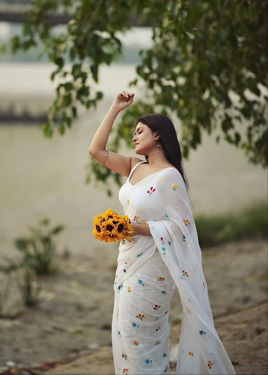 Mohini | Milky White Celebrity Mul Mul Cotton Saree with Flower Motif