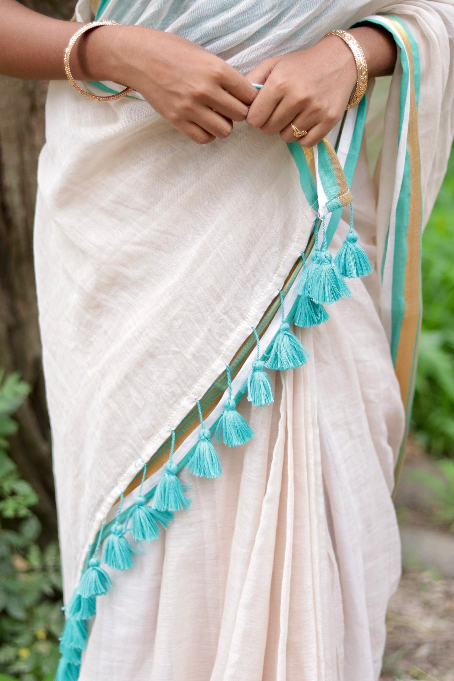 Noor | Almond White Mul Mul Cotton Saree with Golden Zari Border