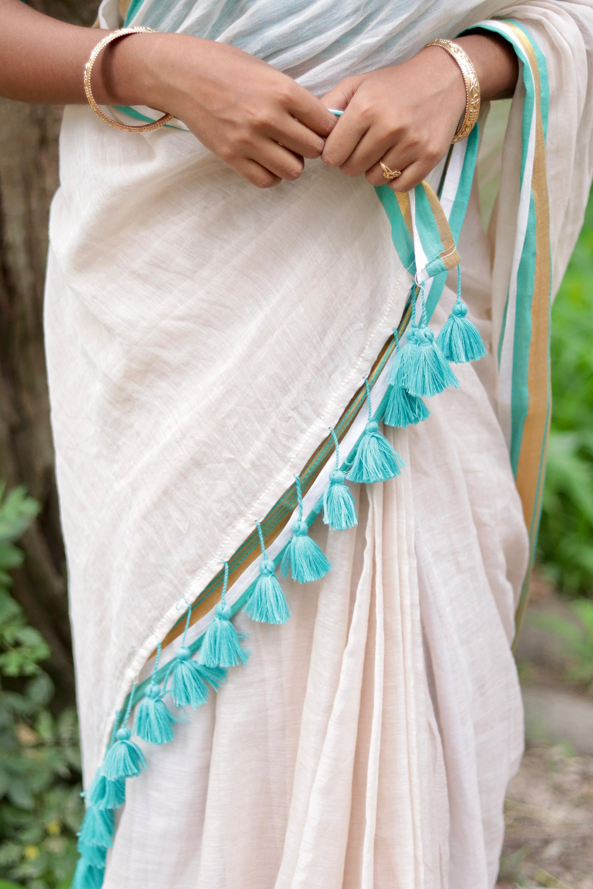 Noor | Almond White Mul Mul Cotton Saree with Golden Zari Border