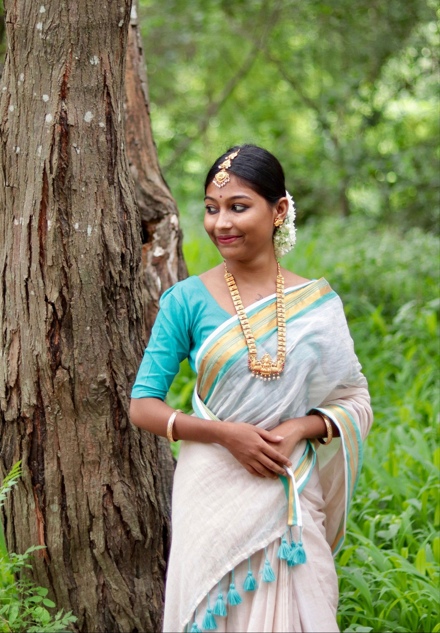 Noor | Almond White Mul Mul Cotton Saree with Golden Zari Border