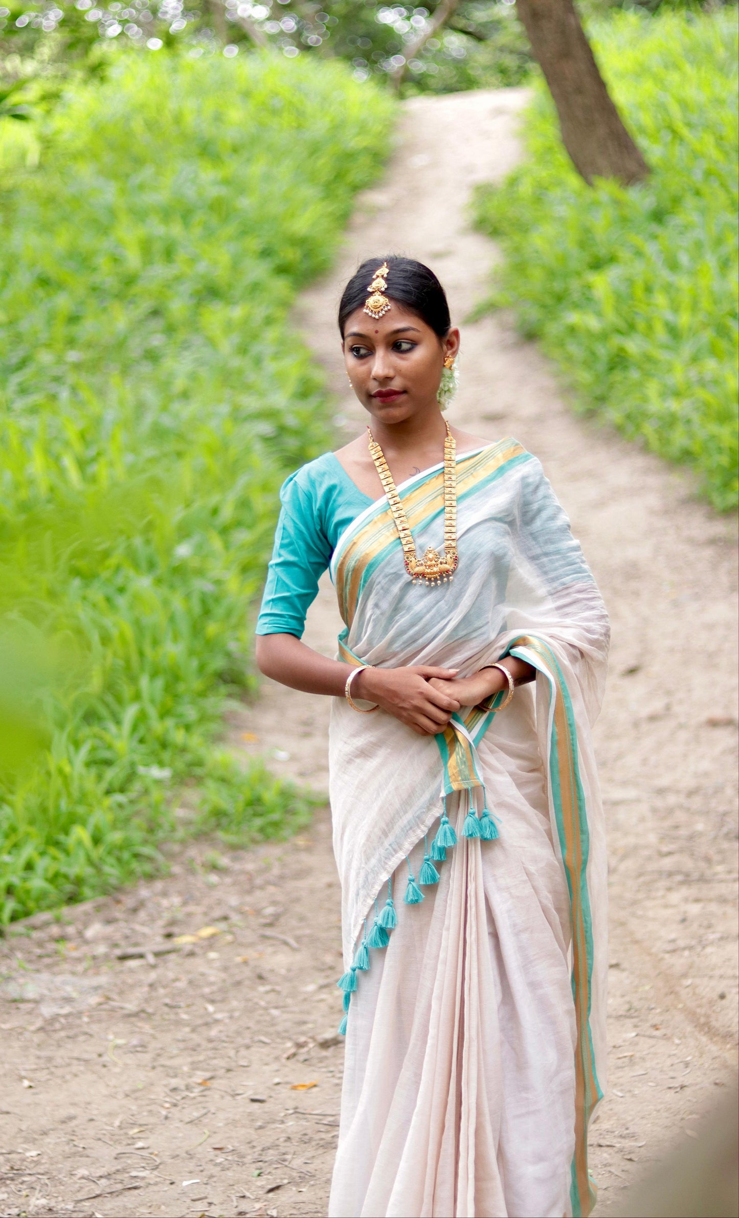 Noor | Almond White Mul Mul Cotton Saree with Golden Zari Border