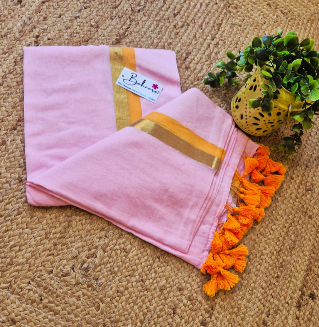 Noor | Blush Pink Mul Mul Cotton Saree with Golden Zari Border