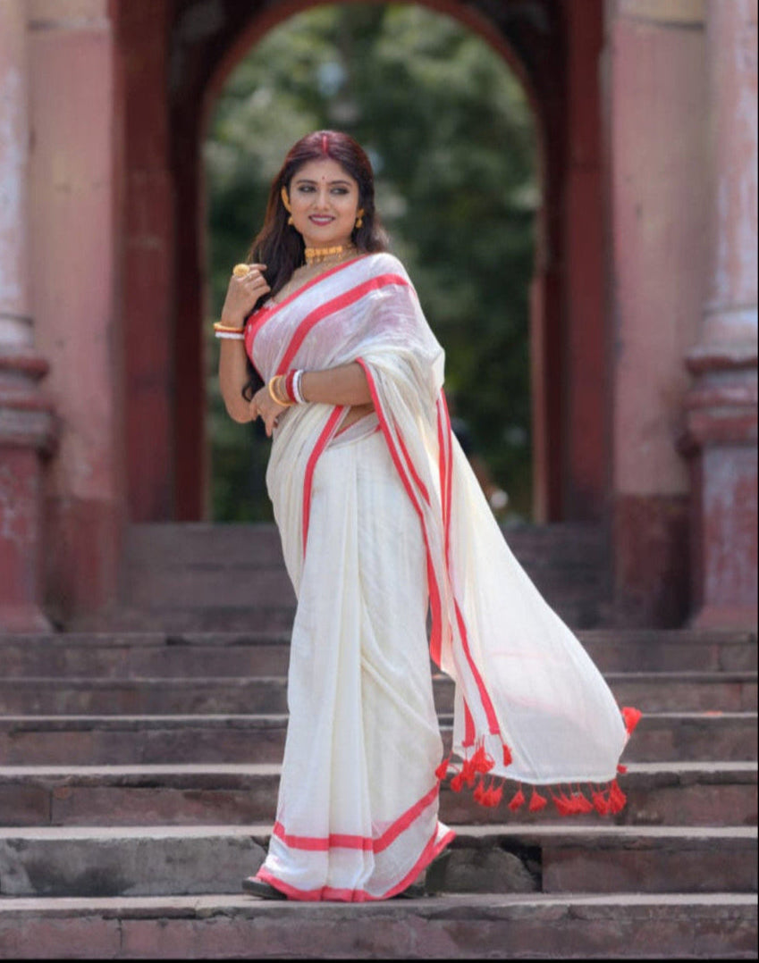 Mohini | Off White Fantasy Mul Mul Cotton Saree with Red Border