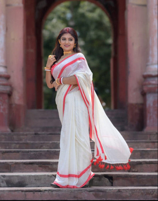 Mohini | Off White Fantasy Mul Mul Cotton Saree with Red Border