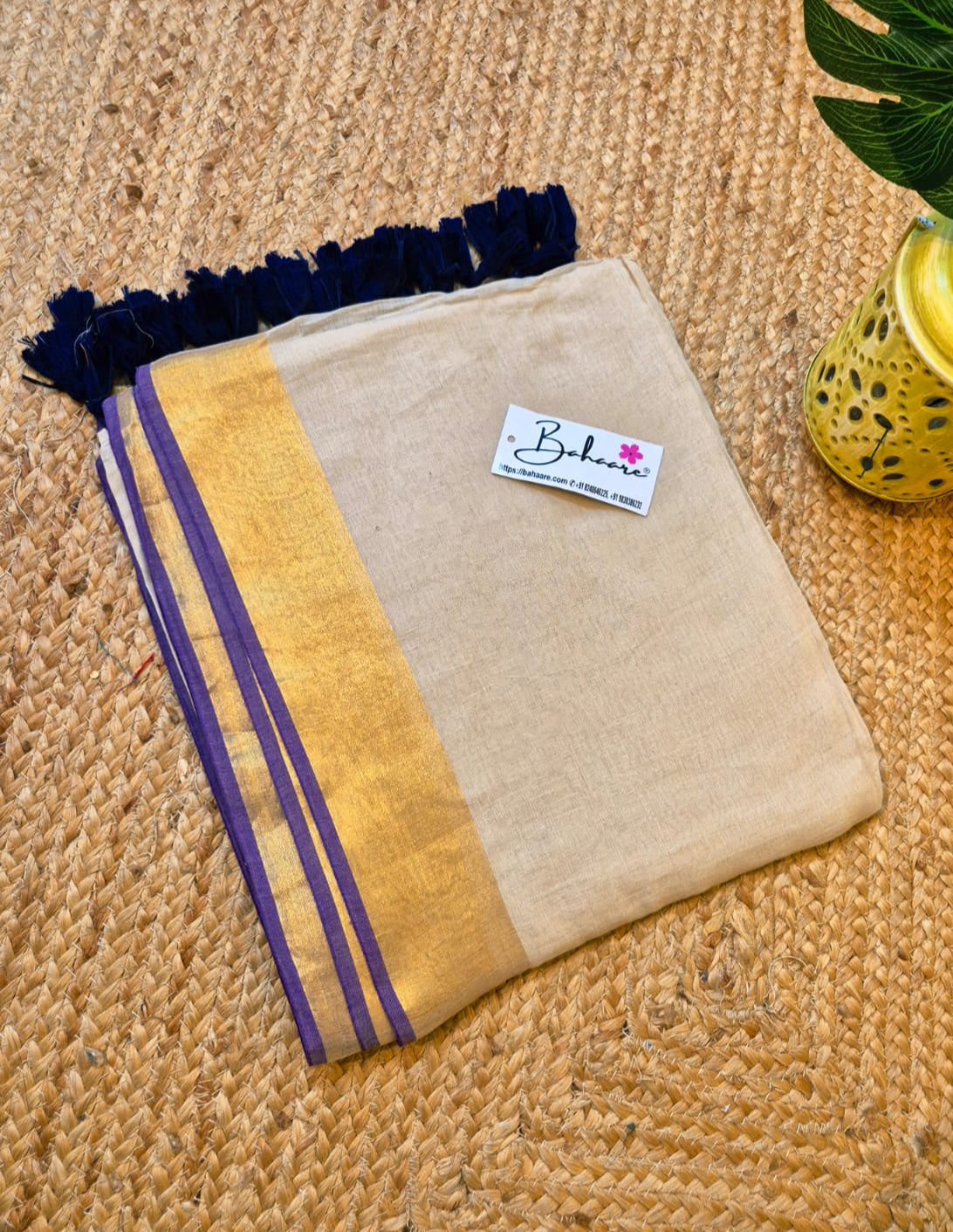 Mohini | Beige Mul Mul Cotton Saree with Purple Zari Border