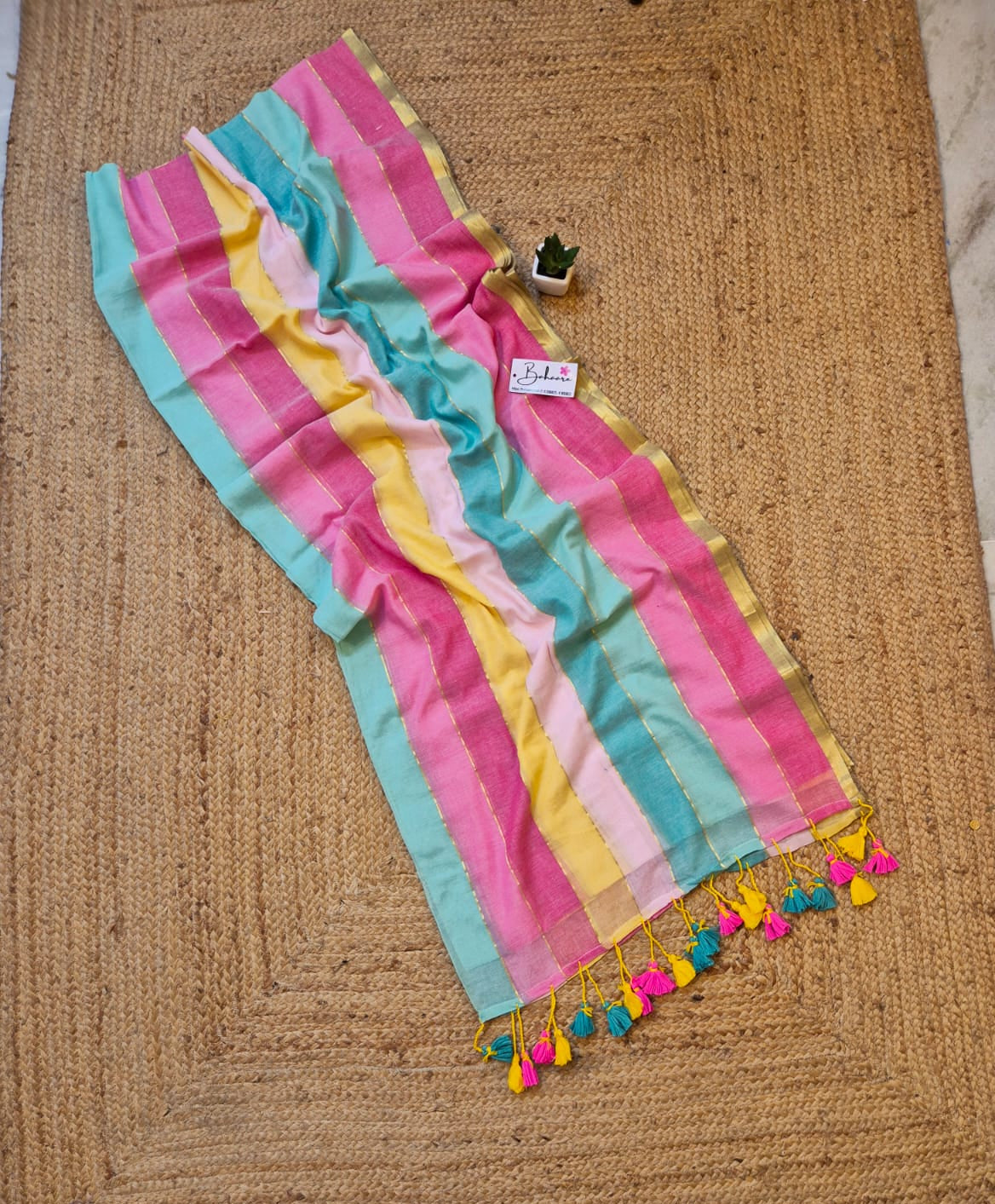 Mohini | Multicoloured Mul Mul Cotton Saree with Golden Tissue Border