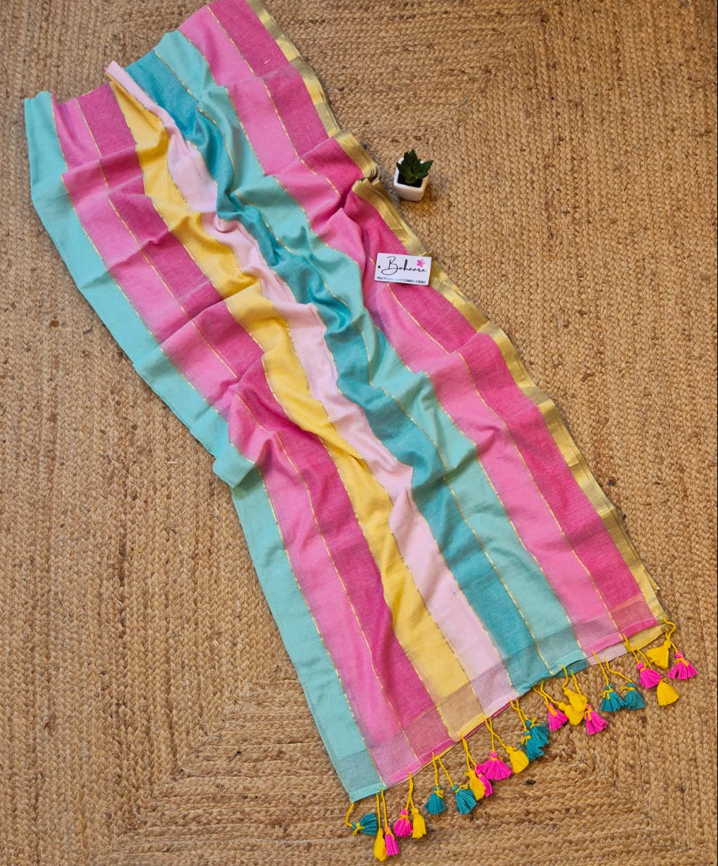 Mohini | Multicoloured Mul Mul Cotton Saree with Golden Tissue Border