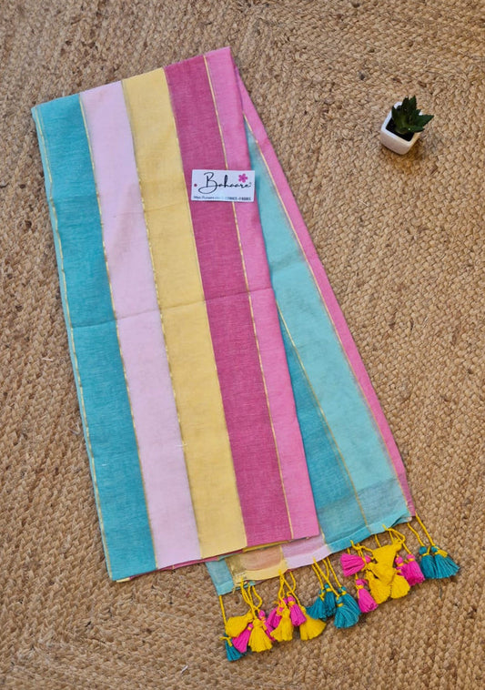 Mohini | Multicoloured Mul Mul Cotton Saree with Golden Tissue Border