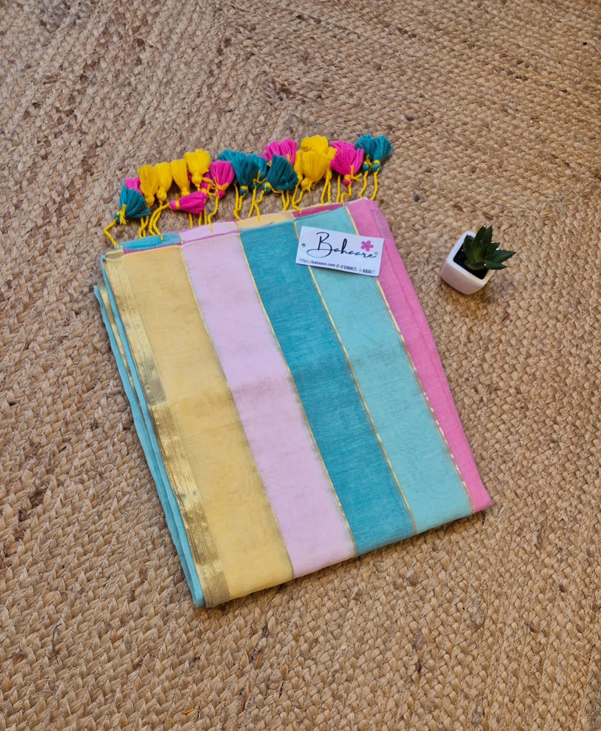 Mohini | Multicoloured Mul Mul Cotton Saree with Golden Tissue Border