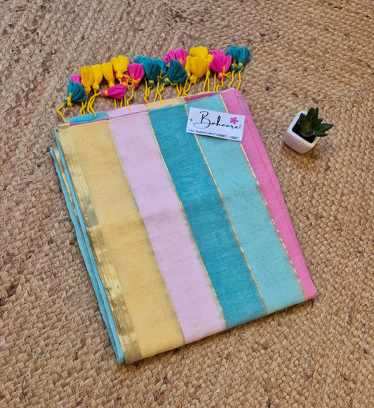 Mohini | Multicoloured Mul Mul Cotton Saree with Golden Tissue Border