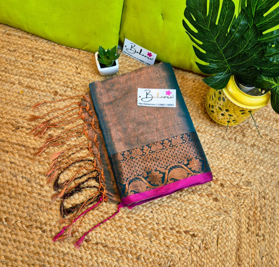Surmai | Copper Green Tissue Cotton Saree