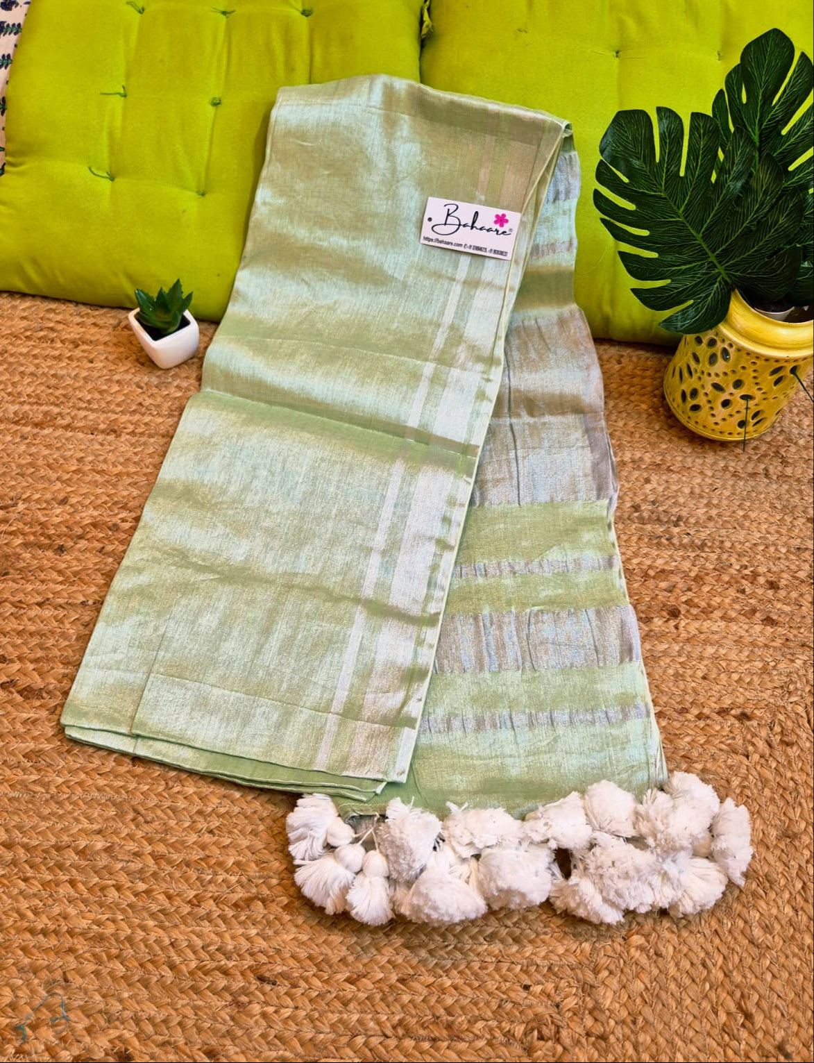Megha | Light Green Tissue Saree with Silver Zari