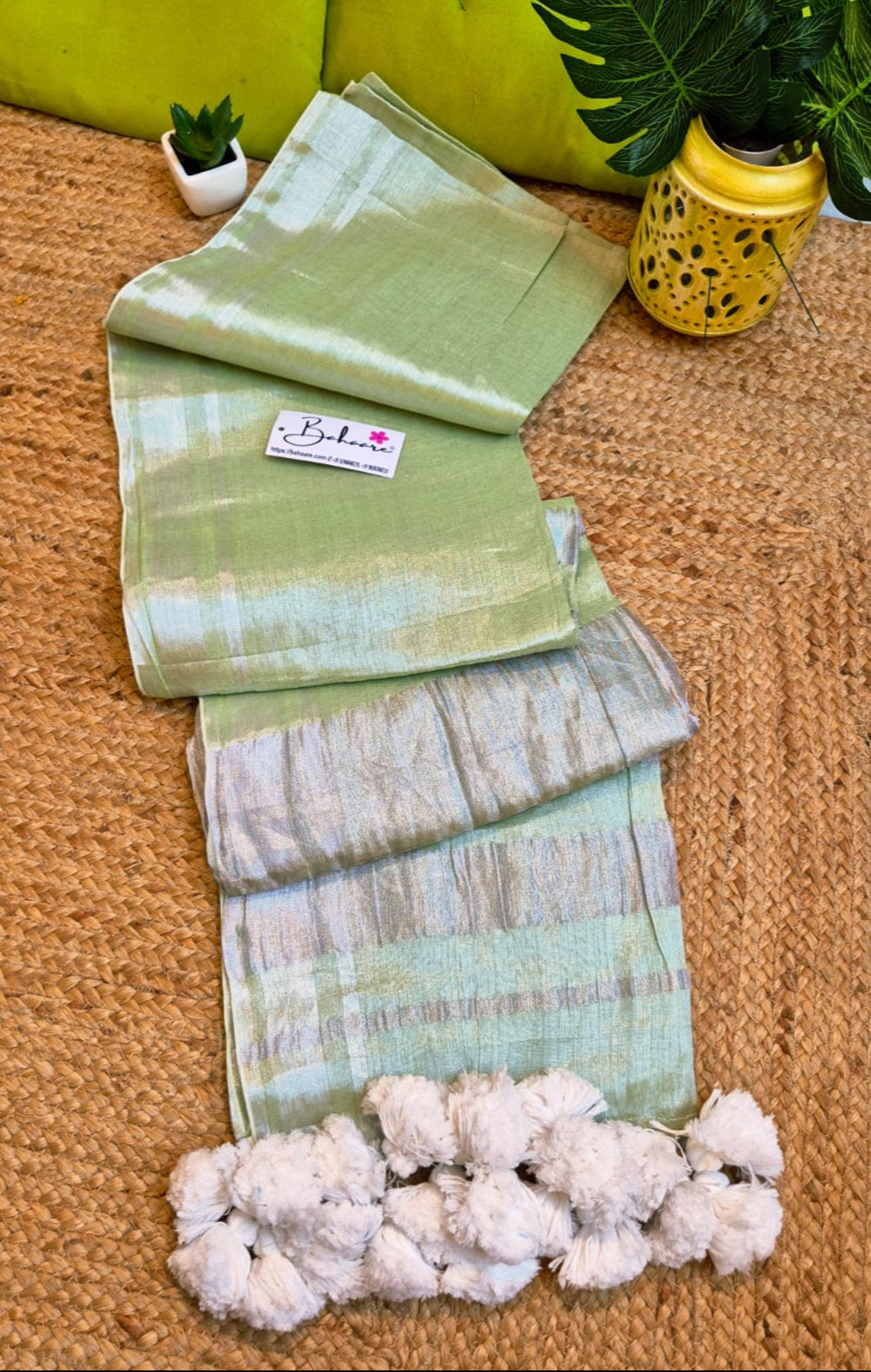 Megha | Light Green Tissue Saree with Silver Zari