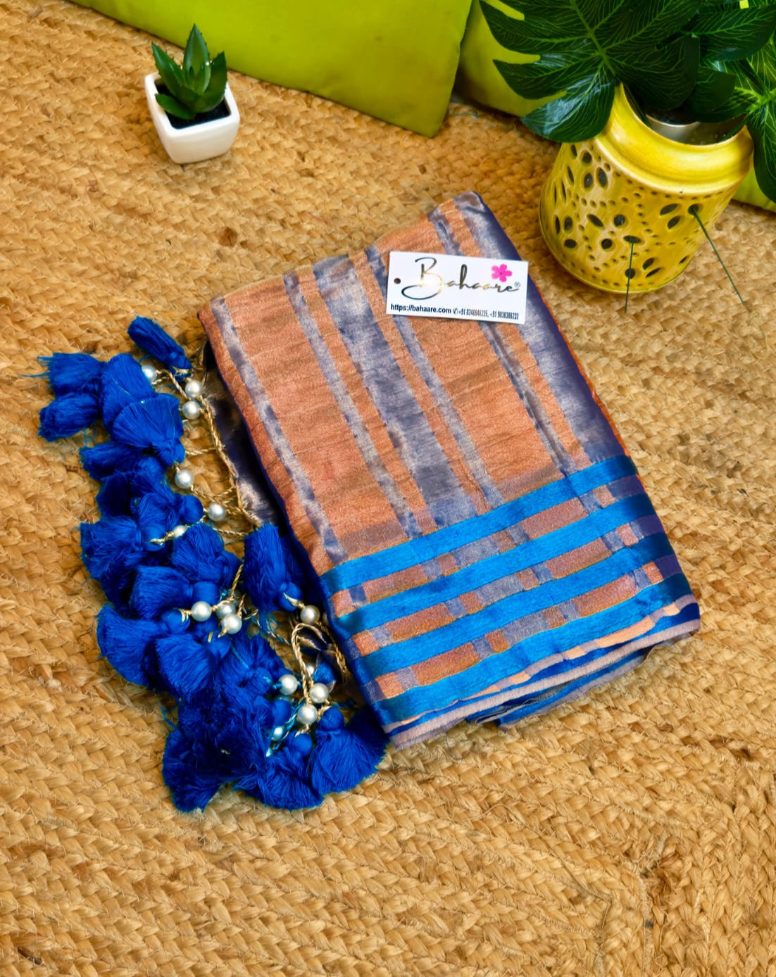 Suhani | Light Silver Tissue Saree with Royal Blue Border