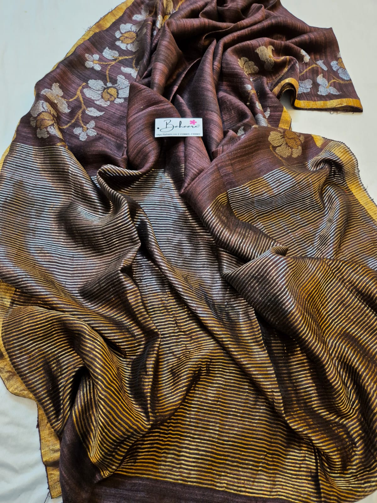 Samhita | Chocolate Brown Pure Matka Silk with Golden Zari Border Handwoven Jamdani Saree