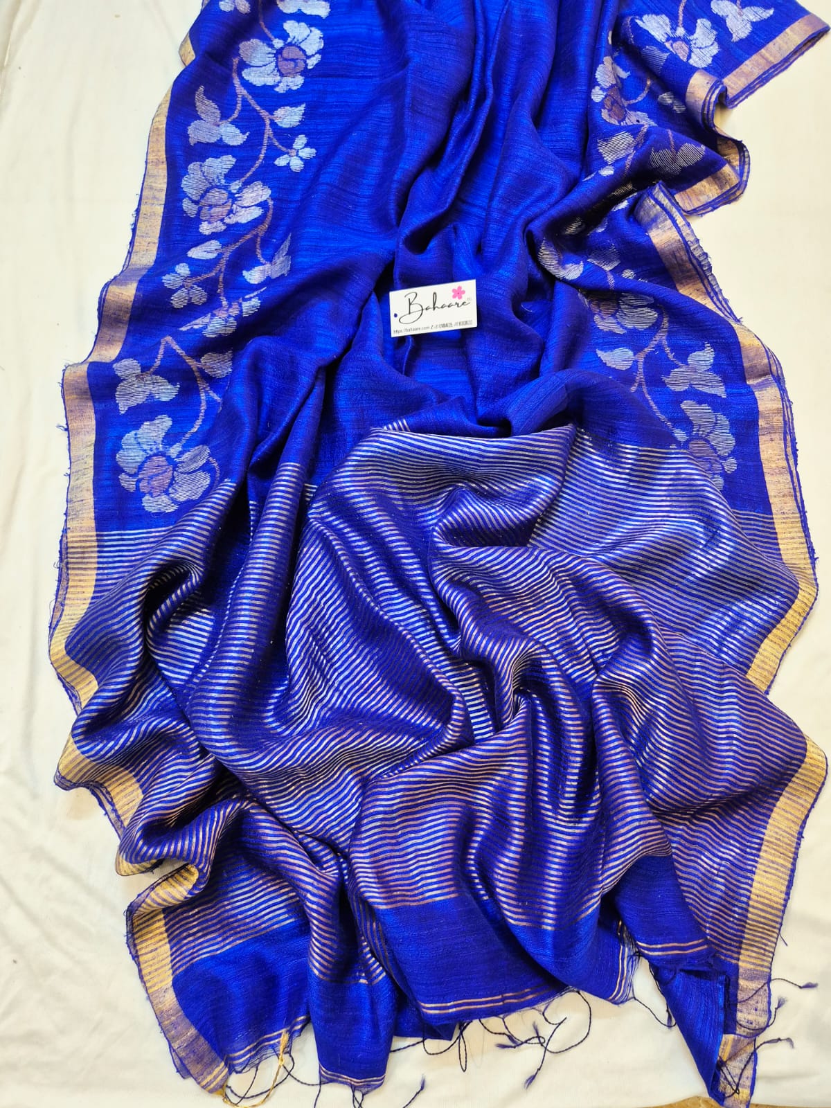 Samhita | Royal Blue Pure Matka Silk with Golden Zari Border Handwoven Jamdani Saree