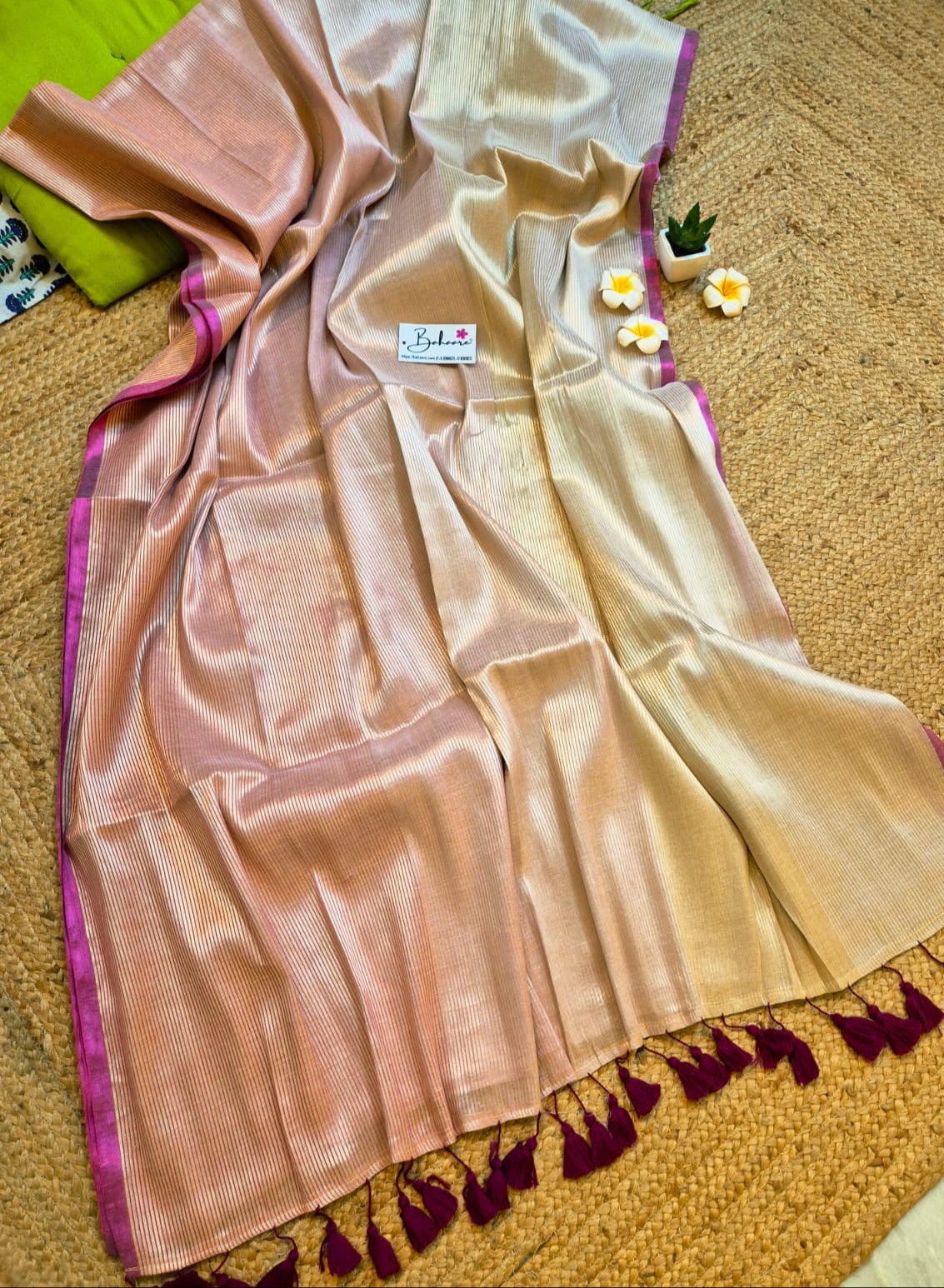 Megha | Golden Whisper Tissue Saree with Magenta Border