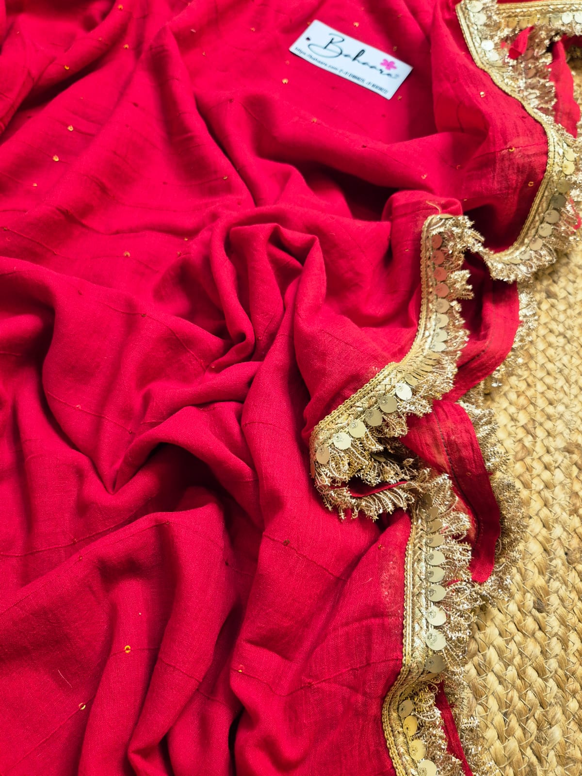 Shimmering Starlight | Laal Ishq Mul Mul Cotton Saree with Golden Zari Lace