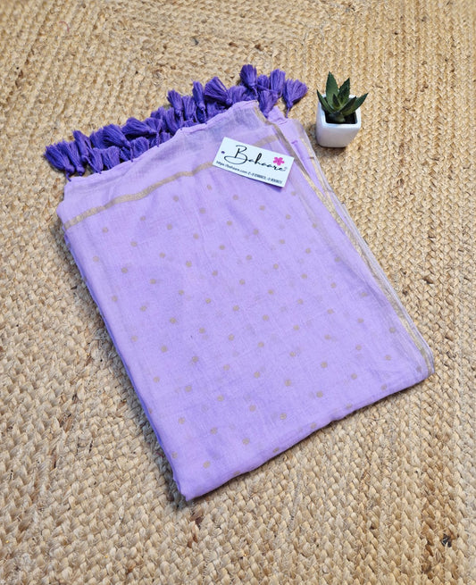 Polka Passion | Lavender Mul Mul Cotton Saree with Golden Polka Dots